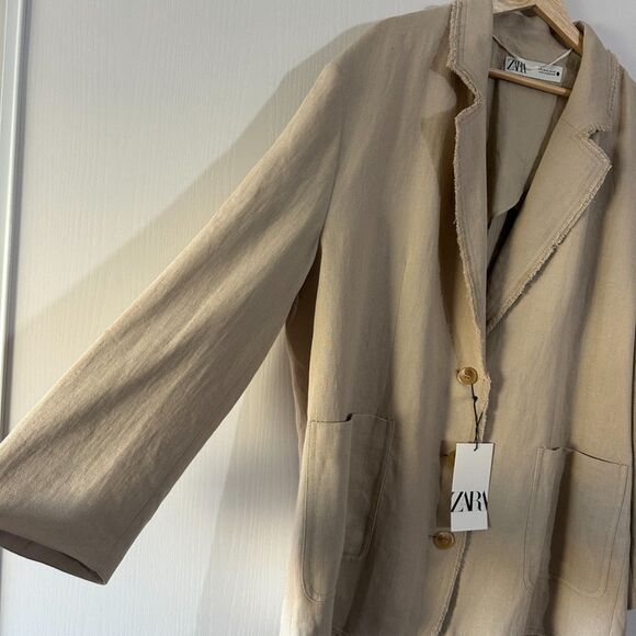 Zara Womens Oversized Linen Blend Fray Hem 3 Button Tan Beige Blazer Size XL NWT - Picture 3 of 9